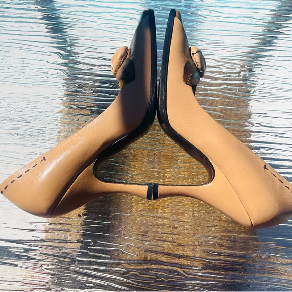 SOLD Prada Beige Brown Colorblock Leather Rosebud Embellished Square Toe Pumps - Picture 10 of 15